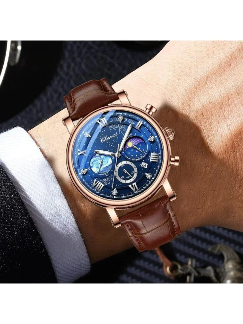 Men's Brown Multifunctional Military Leather Sports Analog Chronograph Watch